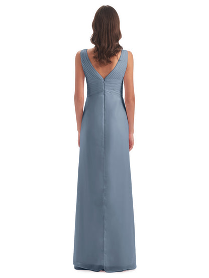 Sheath-Column Floor Length V Neck Chiffon Long Bridesmaid Dresses