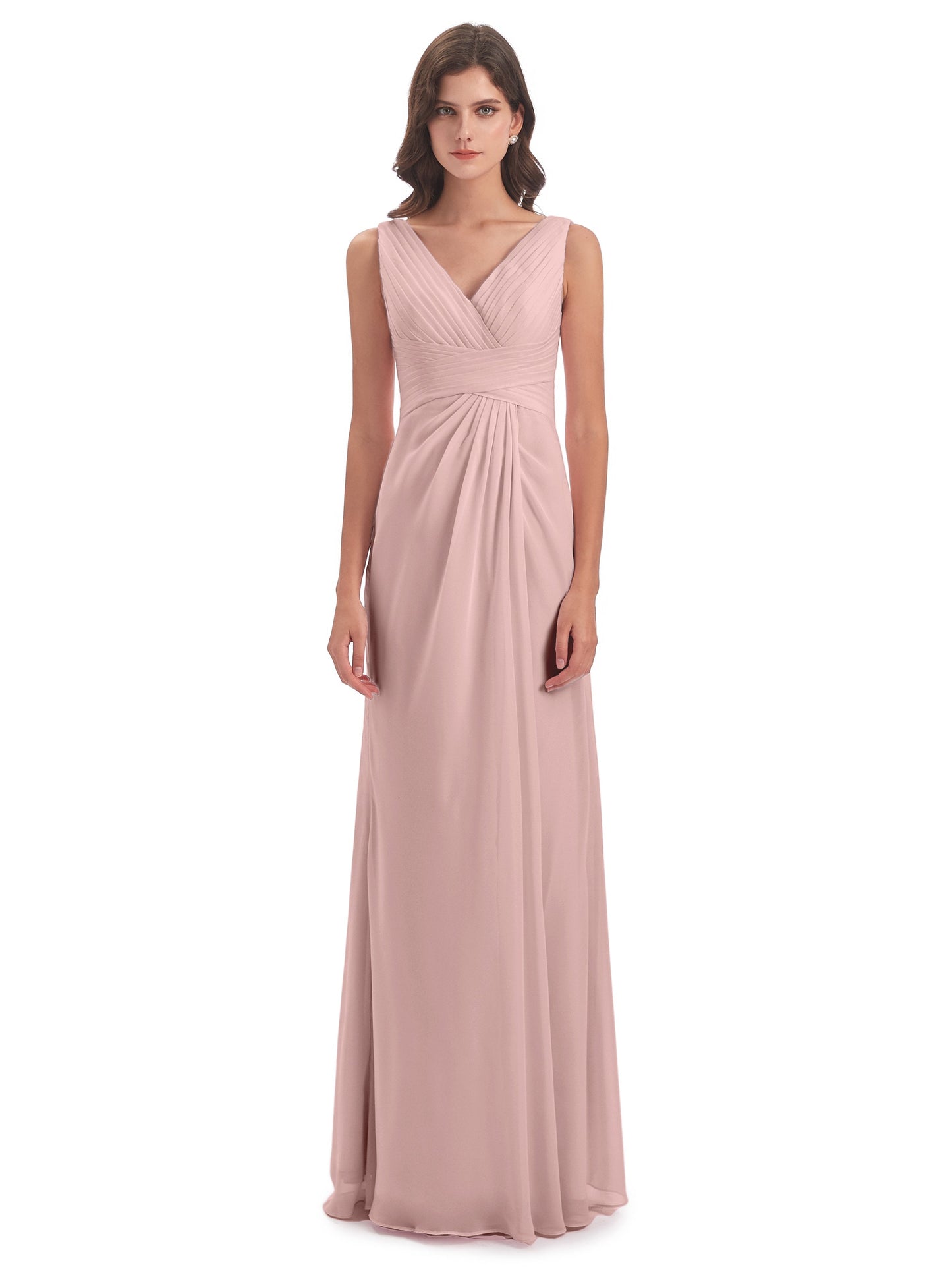 Sheath-Column Floor Length V Neck Chiffon Long Bridesmaid Dresses