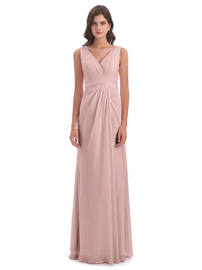 Sheath-Column Floor Length V Neck Chiffon Long Bridesmaid Dresses