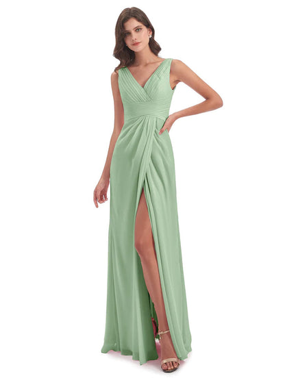 Sheath-Column Floor Length V Neck Chiffon Long Bridesmaid Dresses