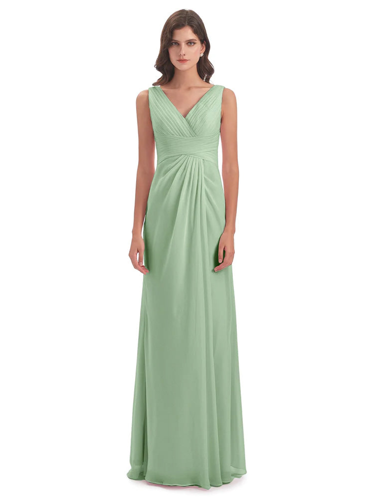 Sheath-Column Floor Length V Neck Chiffon Long Bridesmaid Dresses