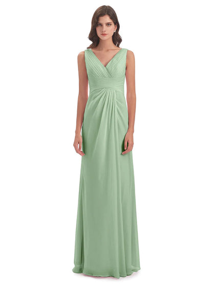 Sheath-Column Floor Length V Neck Chiffon Long Bridesmaid Dresses