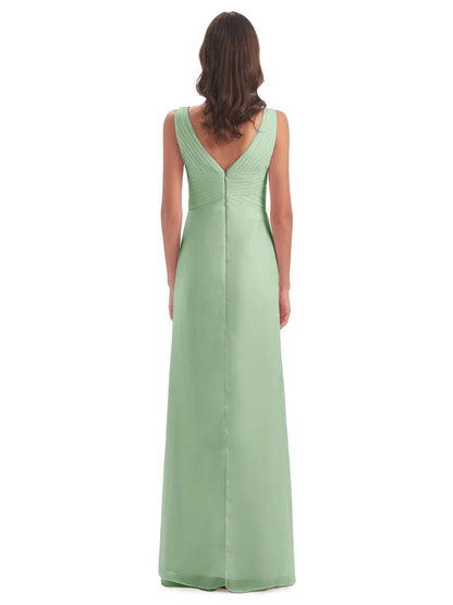 Sheath-Column Floor Length V Neck Chiffon Long Bridesmaid Dresses