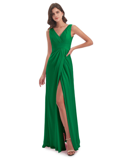 Sheath-Column Floor Length V Neck Chiffon Long Bridesmaid Dresses