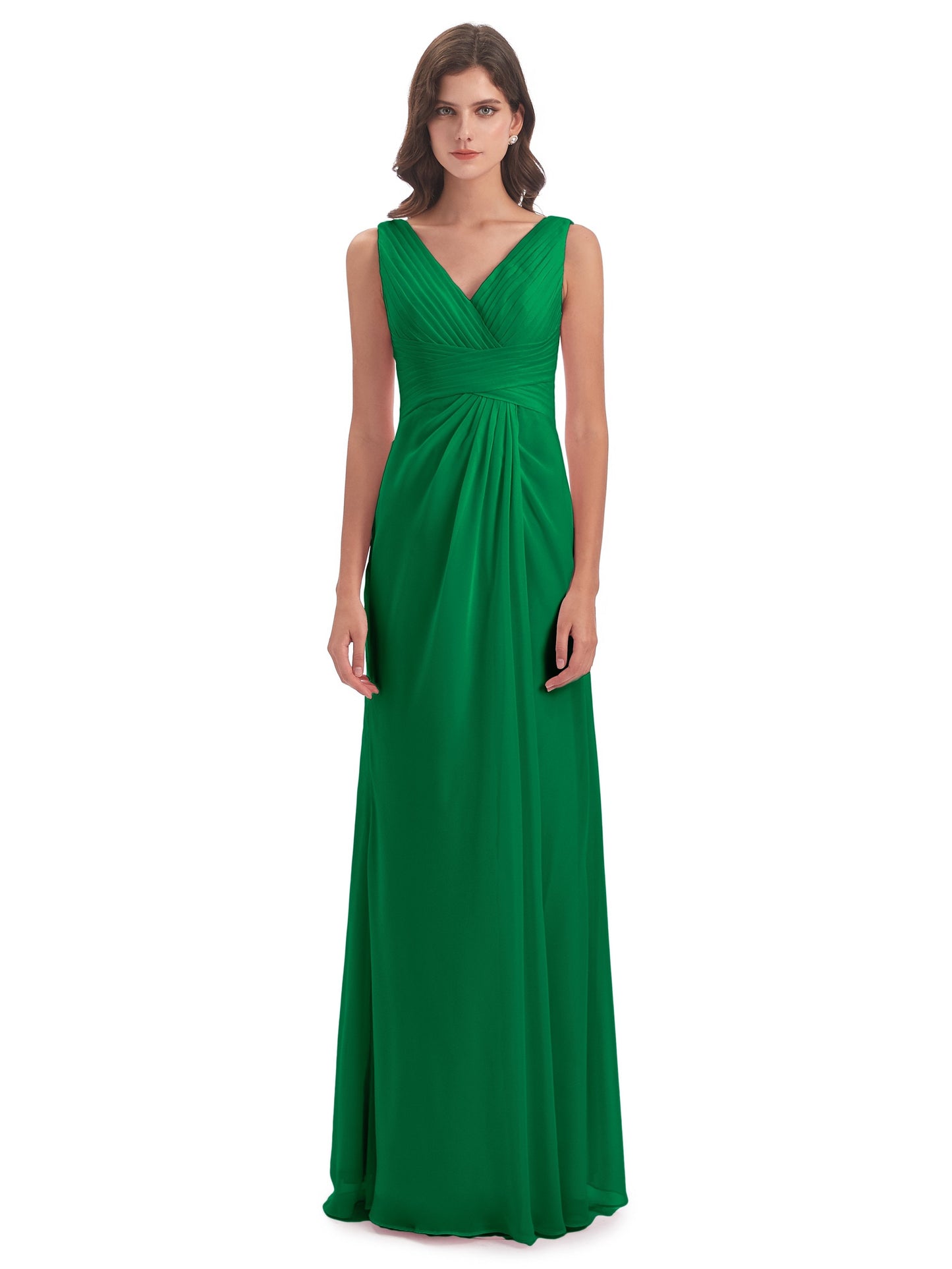 Sheath-Column Floor Length V Neck Chiffon Long Bridesmaid Dresses