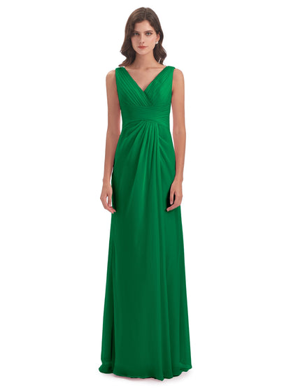 Sheath-Column Floor Length V Neck Chiffon Long Bridesmaid Dresses