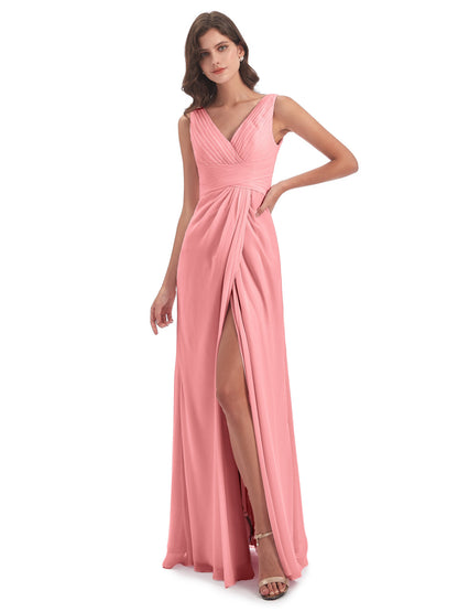 Sheath-Column Floor Length V Neck Chiffon Long Bridesmaid Dresses