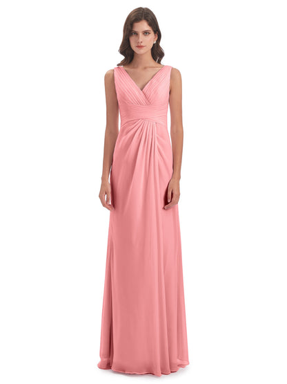 Sheath-Column Floor Length V Neck Chiffon Long Bridesmaid Dresses
