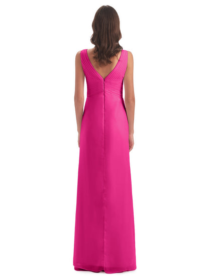 Sheath-Column Floor Length V Neck Chiffon Long Bridesmaid Dresses