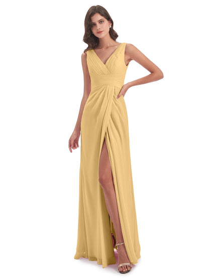 Sheath-Column Floor Length V Neck Chiffon Long Bridesmaid Dresses