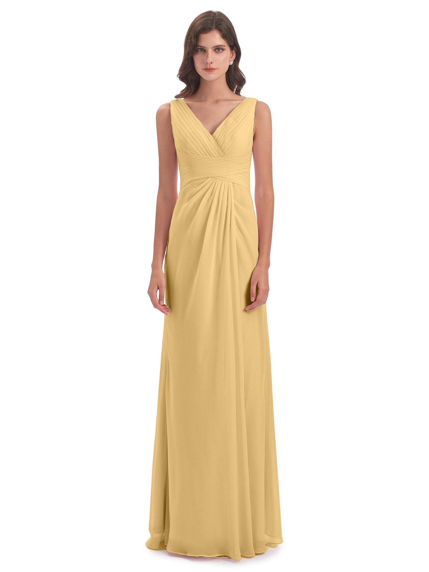Sheath-Column Floor Length V Neck Chiffon Long Bridesmaid Dresses