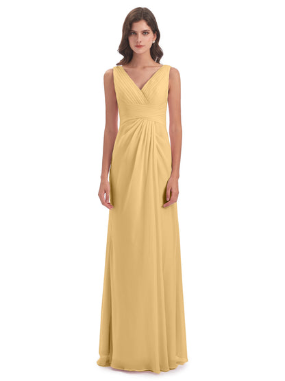 Sheath-Column Floor Length V Neck Chiffon Long Bridesmaid Dresses