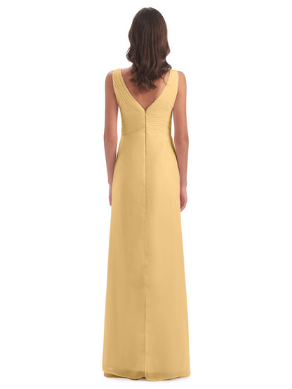 Sheath-Column Floor Length V Neck Chiffon Long Bridesmaid Dresses