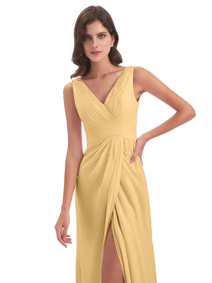 Sheath-Column Floor Length V Neck Chiffon Long Bridesmaid Dresses