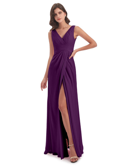 Sheath-Column Floor Length V Neck Chiffon Long Bridesmaid Dresses