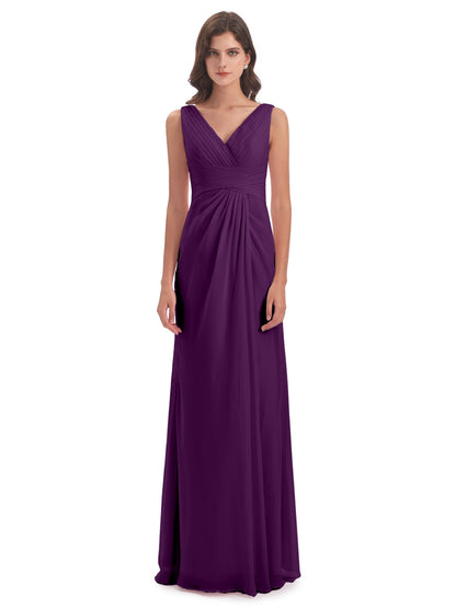 Sheath-Column Floor Length V Neck Chiffon Long Bridesmaid Dresses