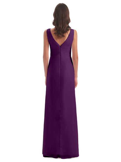 Sheath-Column Floor Length V Neck Chiffon Long Bridesmaid Dresses
