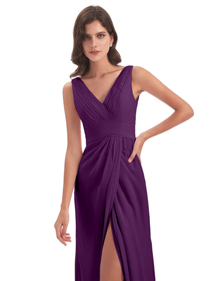 Sheath-Column Floor Length V Neck Chiffon Long Bridesmaid Dresses