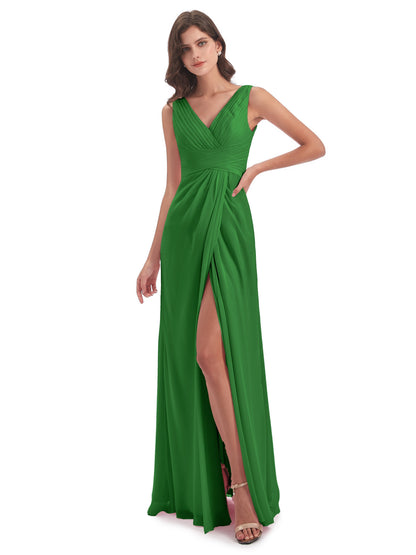 Sheath-Column Floor Length V Neck Chiffon Long Bridesmaid Dresses