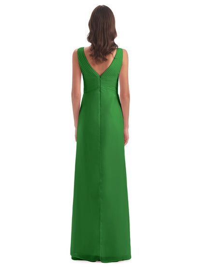 Sheath-Column Floor Length V Neck Chiffon Long Bridesmaid Dresses