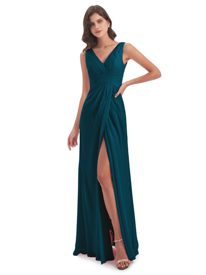 Sheath-Column Floor Length V Neck Chiffon Long Bridesmaid Dresses