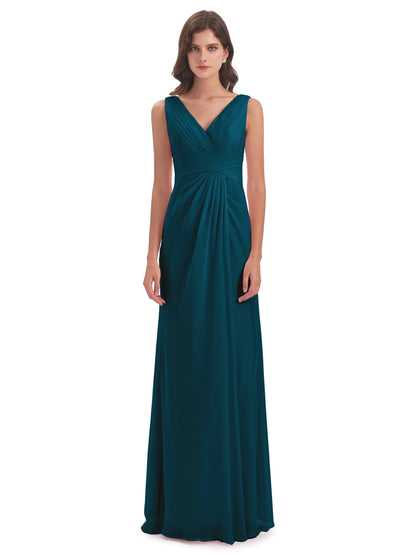 Sheath-Column Floor Length V Neck Chiffon Long Bridesmaid Dresses