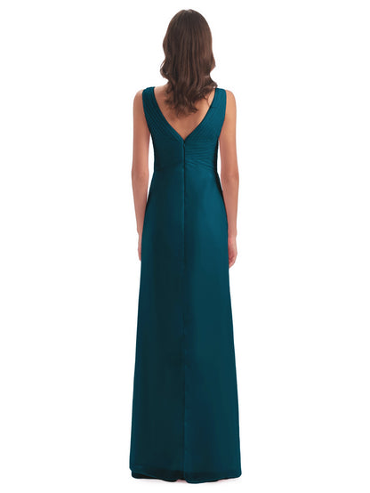 Sheath-Column Floor Length V Neck Chiffon Long Bridesmaid Dresses