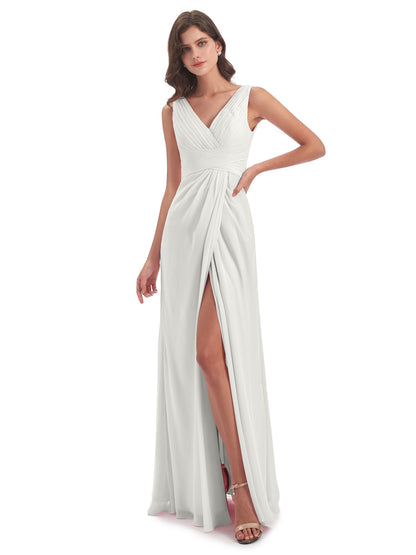 Sheath-Column Floor Length V Neck Chiffon Long Bridesmaid Dresses