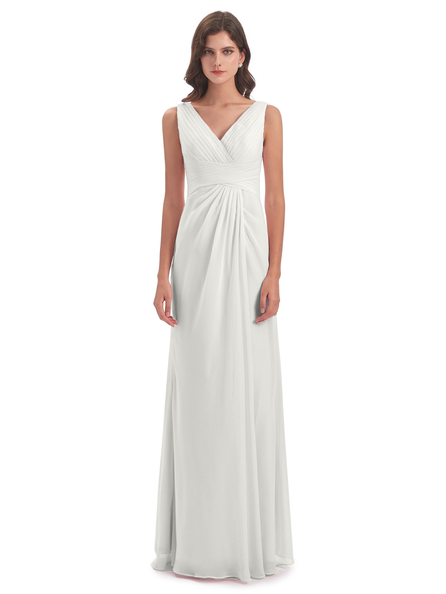 Sheath-Column Floor Length V Neck Chiffon Long Bridesmaid Dresses