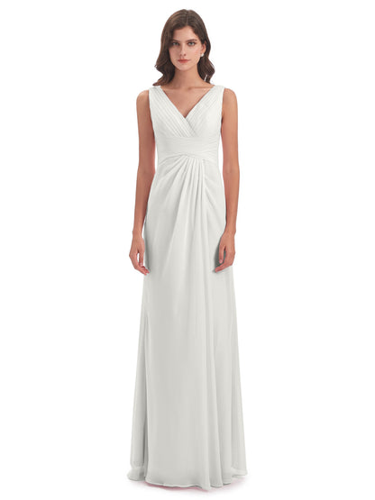 Sheath-Column Floor Length V Neck Chiffon Long Bridesmaid Dresses