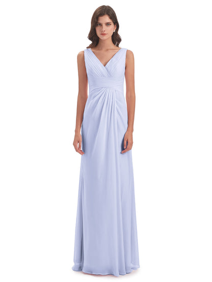 Sheath-Column Floor Length V Neck Chiffon Long Bridesmaid Dresses