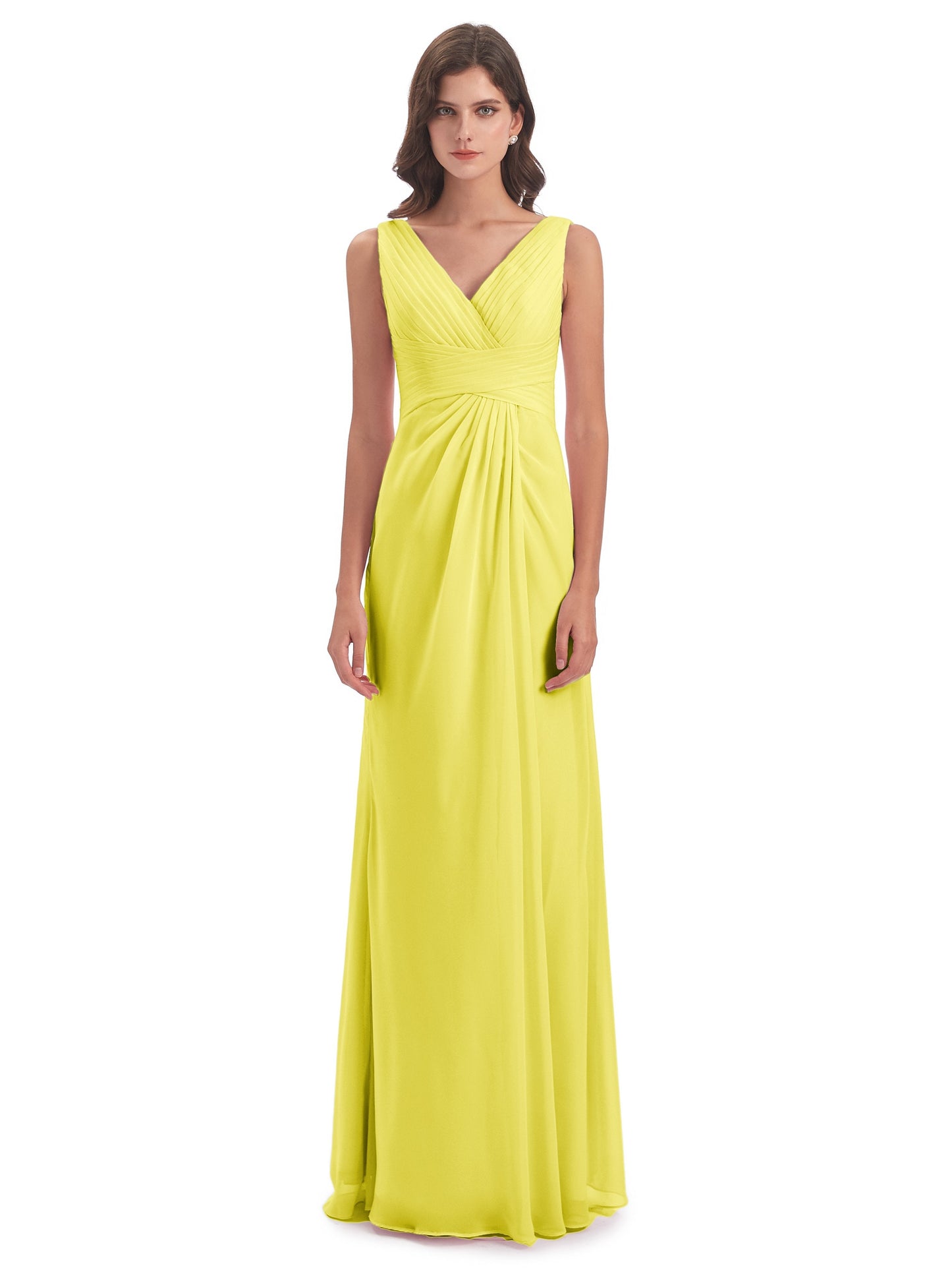 Sheath-Column Floor Length V Neck Chiffon Long Bridesmaid Dresses
