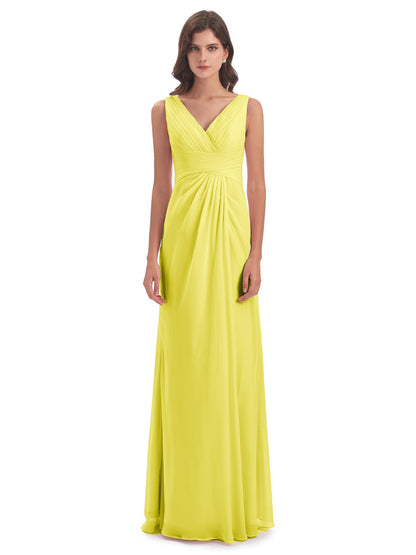 Sheath-Column Floor Length V Neck Chiffon Long Bridesmaid Dresses