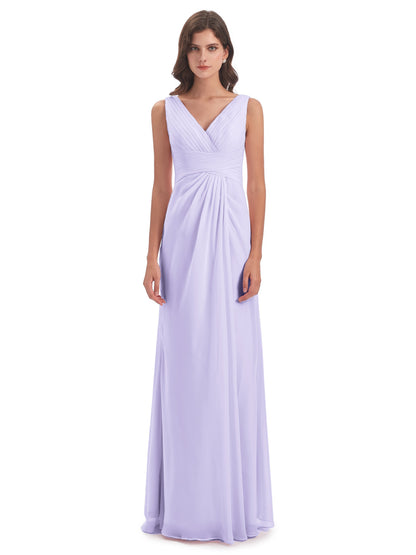Sheath-Column Floor Length V Neck Chiffon Long Bridesmaid Dresses