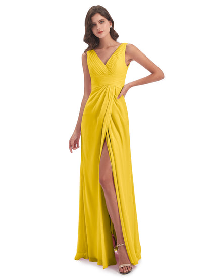 Sheath-Column Floor Length V Neck Chiffon Long Bridesmaid Dresses