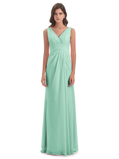 Sheath-Column Floor Length V Neck Chiffon Long Bridesmaid Dresses
