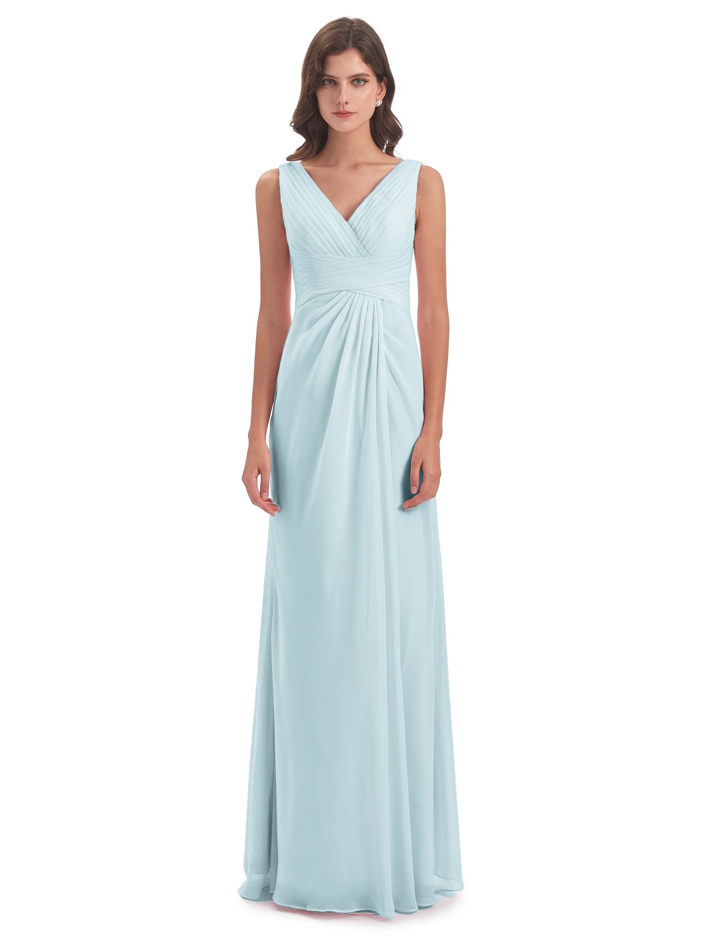 Sheath-Column Floor Length V Neck Chiffon Long Bridesmaid Dresses