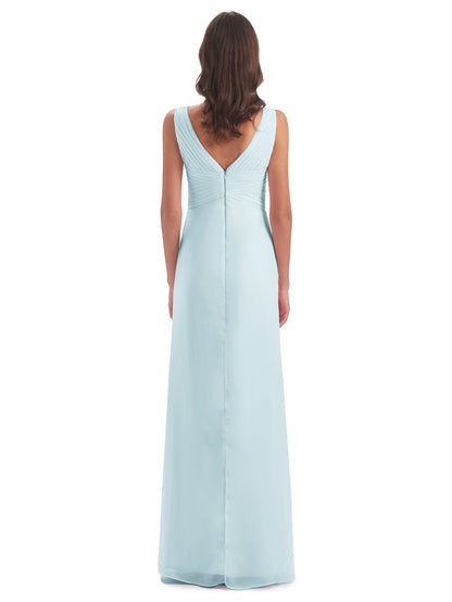 Sheath-Column Floor Length V Neck Chiffon Long Bridesmaid Dresses