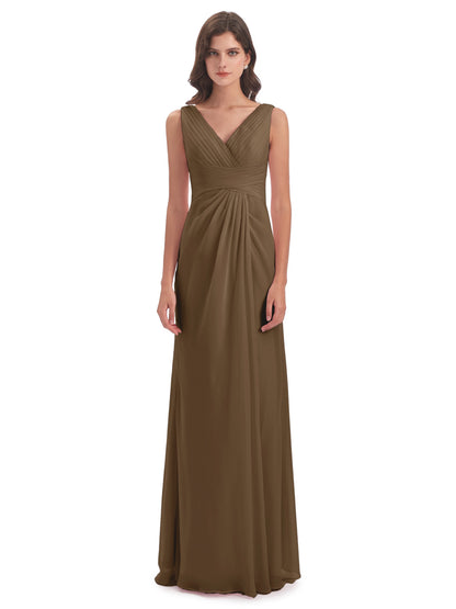 Sheath-Column Floor Length V Neck Chiffon Long Bridesmaid Dresses