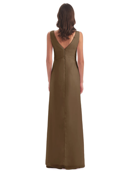 Sheath-Column Floor Length V Neck Chiffon Long Bridesmaid Dresses