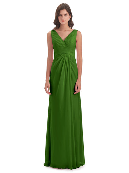 Sheath-Column Floor Length V Neck Chiffon Long Bridesmaid Dresses