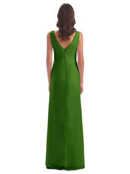 Sheath-Column Floor Length V Neck Chiffon Long Bridesmaid Dresses