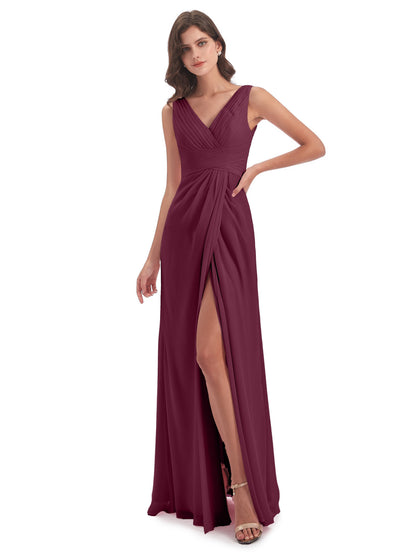 Sheath-Column Floor Length V Neck Chiffon Long Bridesmaid Dresses
