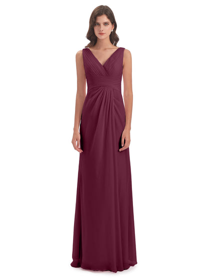Sheath-Column Floor Length V Neck Chiffon Long Bridesmaid Dresses