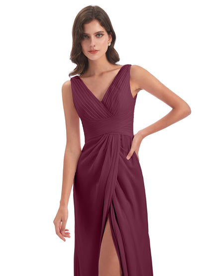Sheath-Column Floor Length V Neck Chiffon Long Bridesmaid Dresses