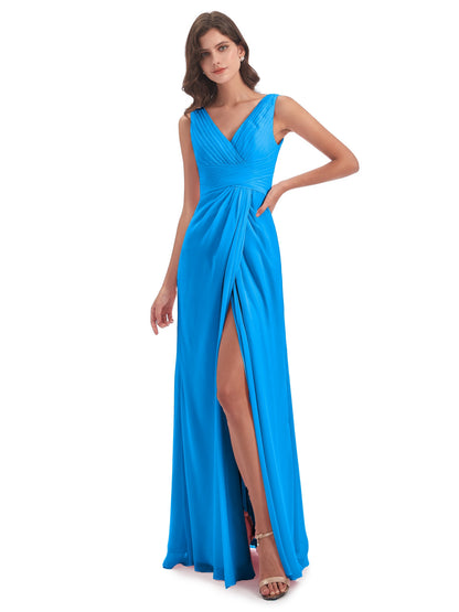 Sheath-Column Floor Length V Neck Chiffon Long Bridesmaid Dresses