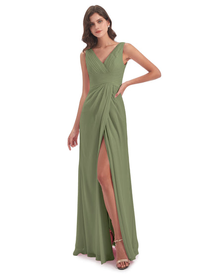 Sheath-Column Floor Length V Neck Chiffon Long Bridesmaid Dresses
