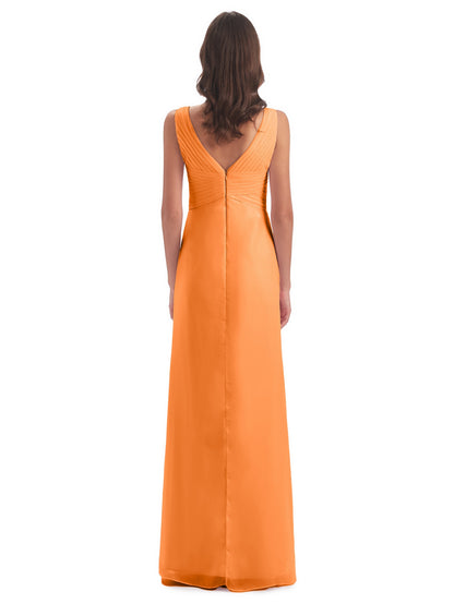 Sheath-Column Floor Length V Neck Chiffon Long Bridesmaid Dresses