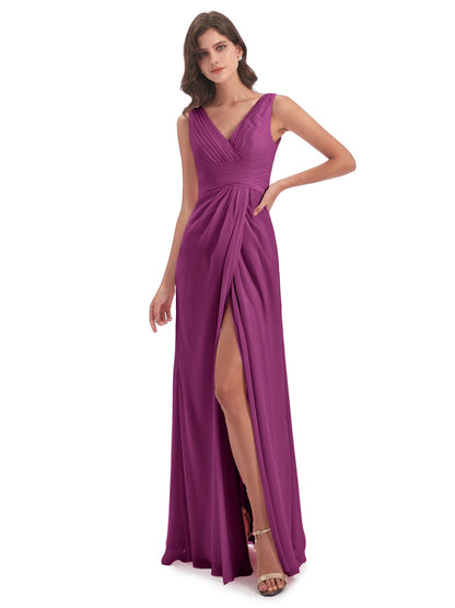 Sheath-Column Floor Length V Neck Chiffon Long Bridesmaid Dresses