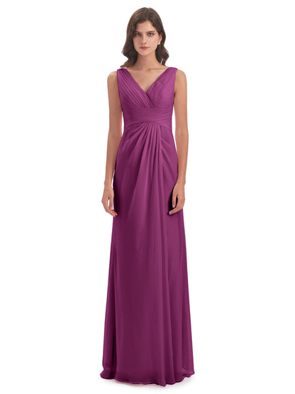 Sheath-Column Floor Length V Neck Chiffon Long Bridesmaid Dresses